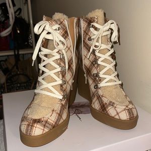 Jessica simpson maxwell plaid combo wedge boots.